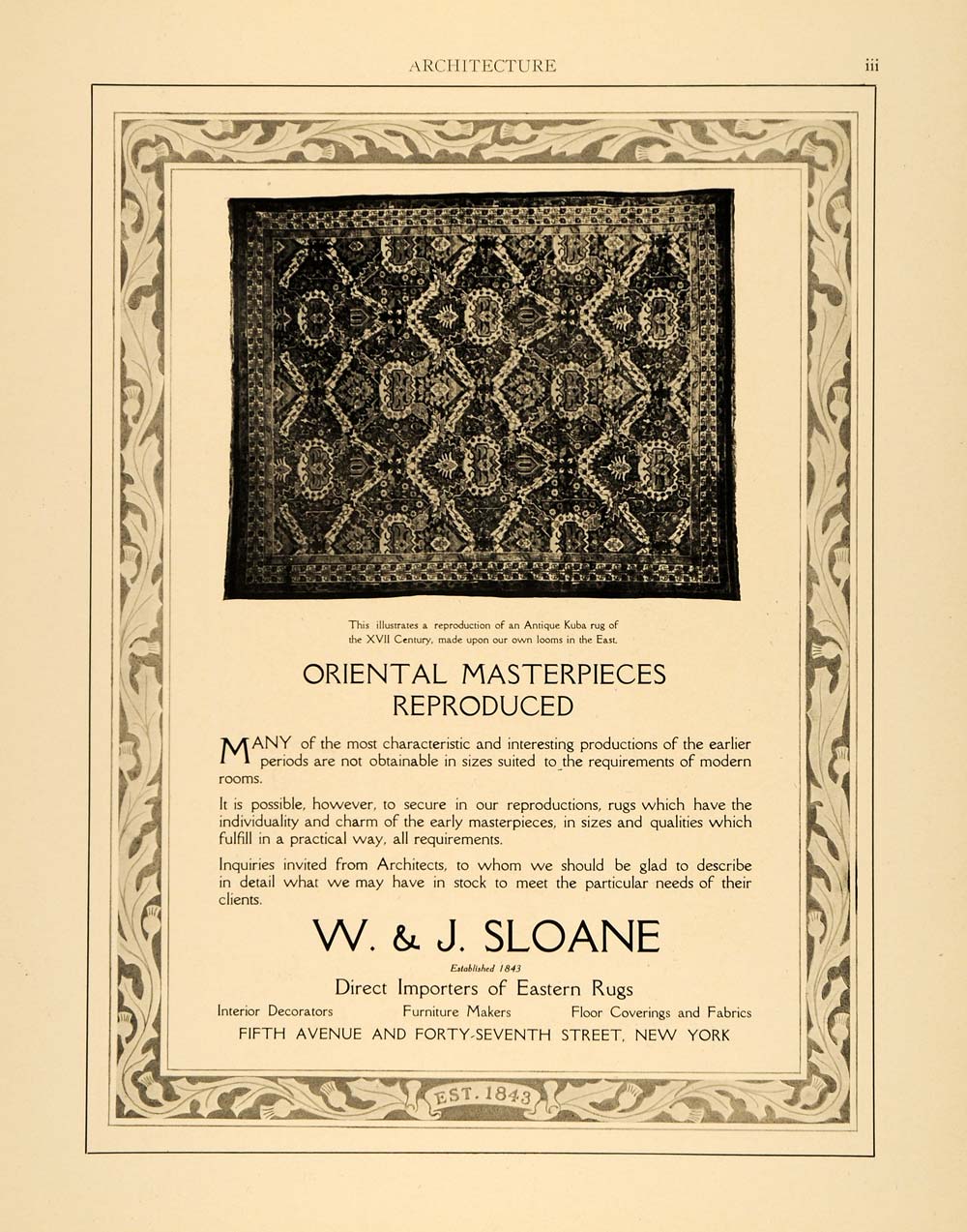 1915 Ad W J Sloane Oriental Antique Kuba Eastern Rugs XVII Interior ARC3