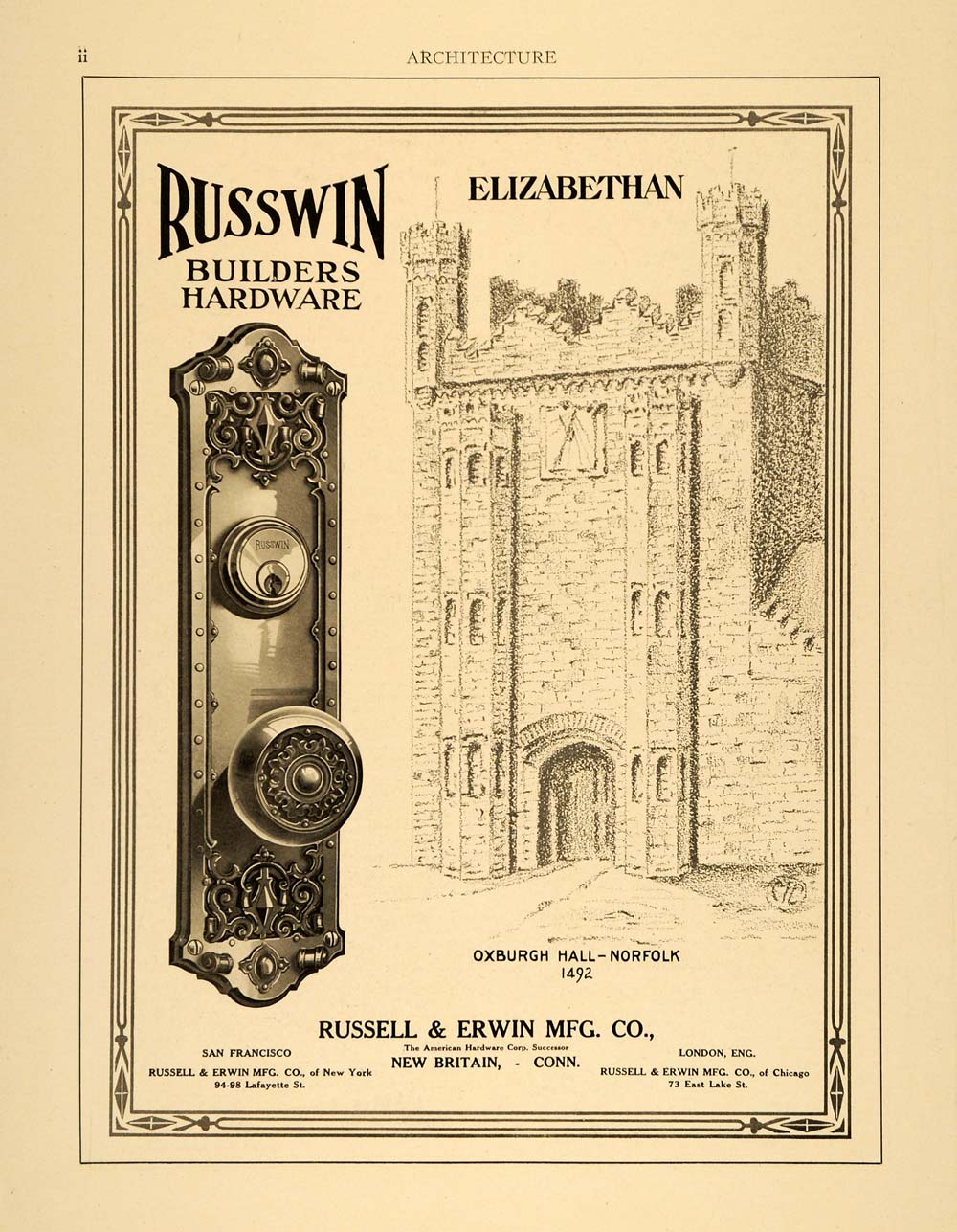 1915 Ad Russell Erwin Russwin Door Hardware Oxburgh Hall Norfolk ARC3