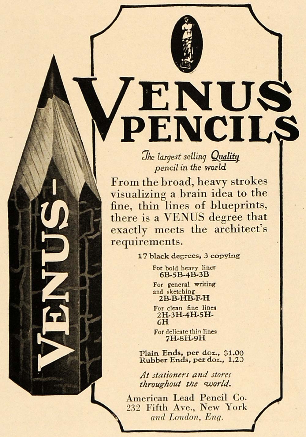 1921 Ad American Lead Pencils Venus Architect Drawing Sketching Drafting ARC3