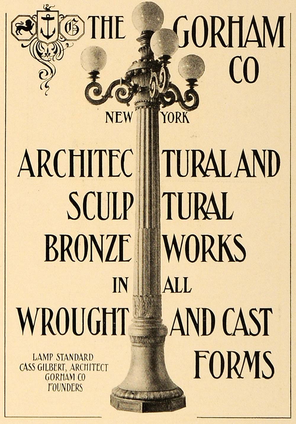 1905 Ad Gorham Bronze Metalwork Lamppost Cass Gilbert Architecture Wrought ARC3