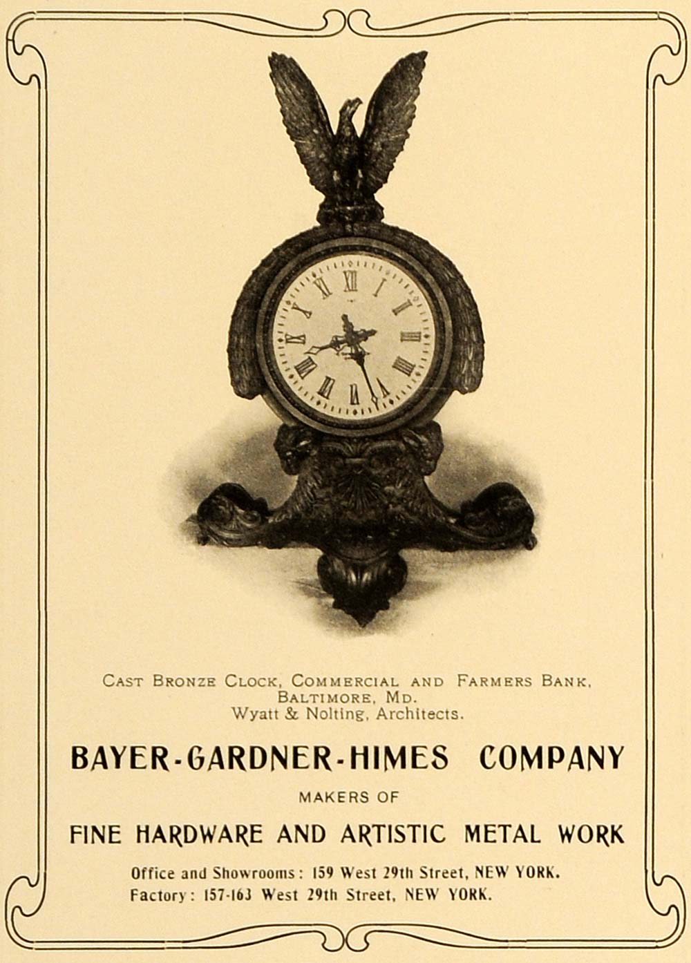 1905 Ad Bayer Gardner Himes Cast Bronze Clock Commercial Farmers Bank ARC3