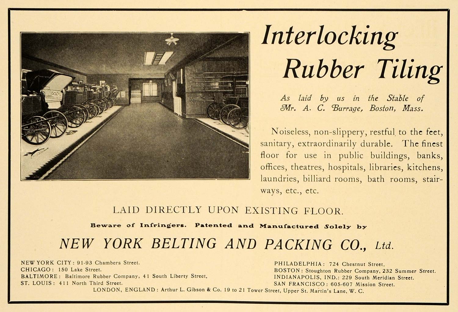 1905 Ad New York Belting Packing Rubber Tile A.C. Burrage Stable Flooring ARC3