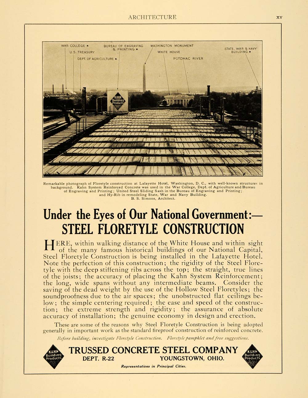 1915 Ad Trussed Concrete Steel Lafayette Hotel Roof Washington D.C ARC3