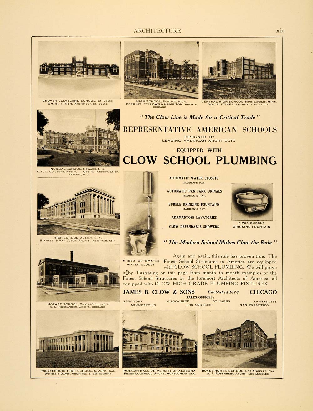 1915 Ad James Clow Plumbing Grover Cleveland School St. Louis Ittner ARC3