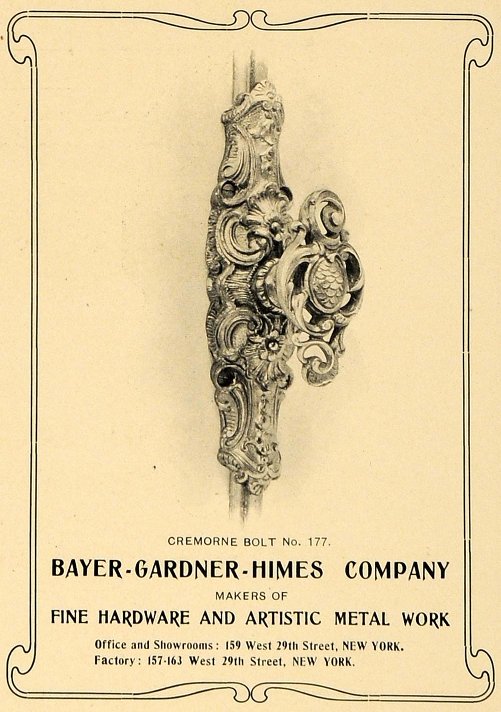1903 Ad Bayer Gardner Himes Hardware Artistic Metal Doorknobs Cremorne Bolt ARC3