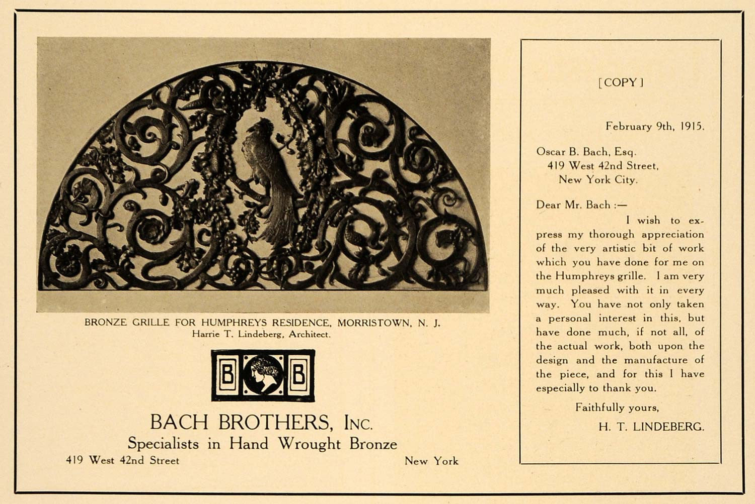 1915 Ad Harrie T. Lindeberg Bach Brothers Hand Wrought Bronze Grille ARC3