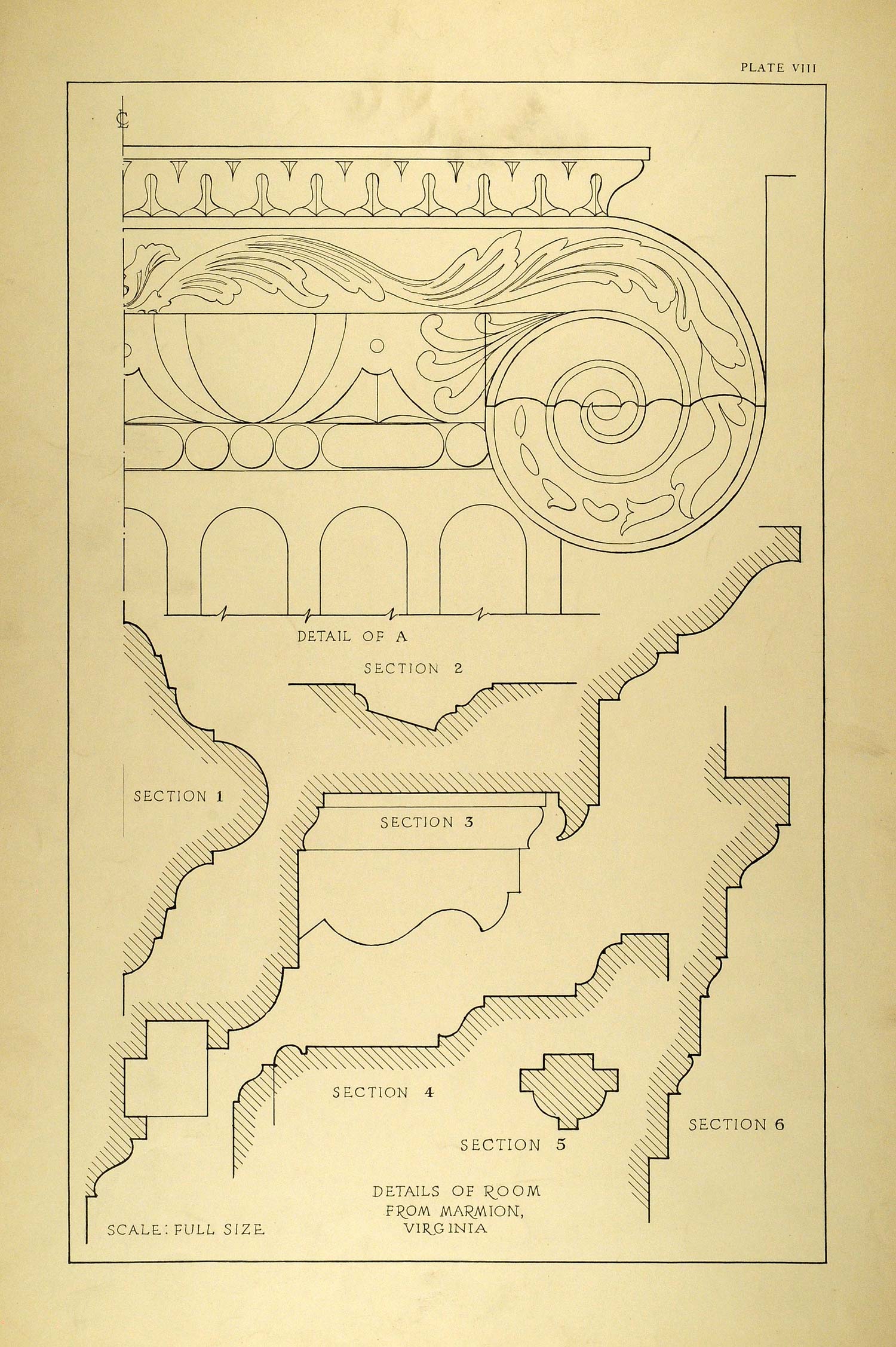 1925 Lithograph Marmion Virginia Interior Architecture Column Cornice ...