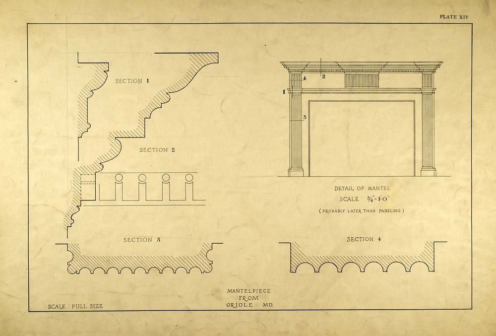 1925 Lithograph Oriole Maryland Interior Design Mantelpiece Column Cornice ARC6