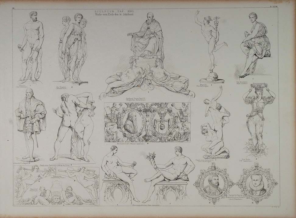 1870 Religious Lithograph Italian German French Sculptures Michelangelo ARCH2