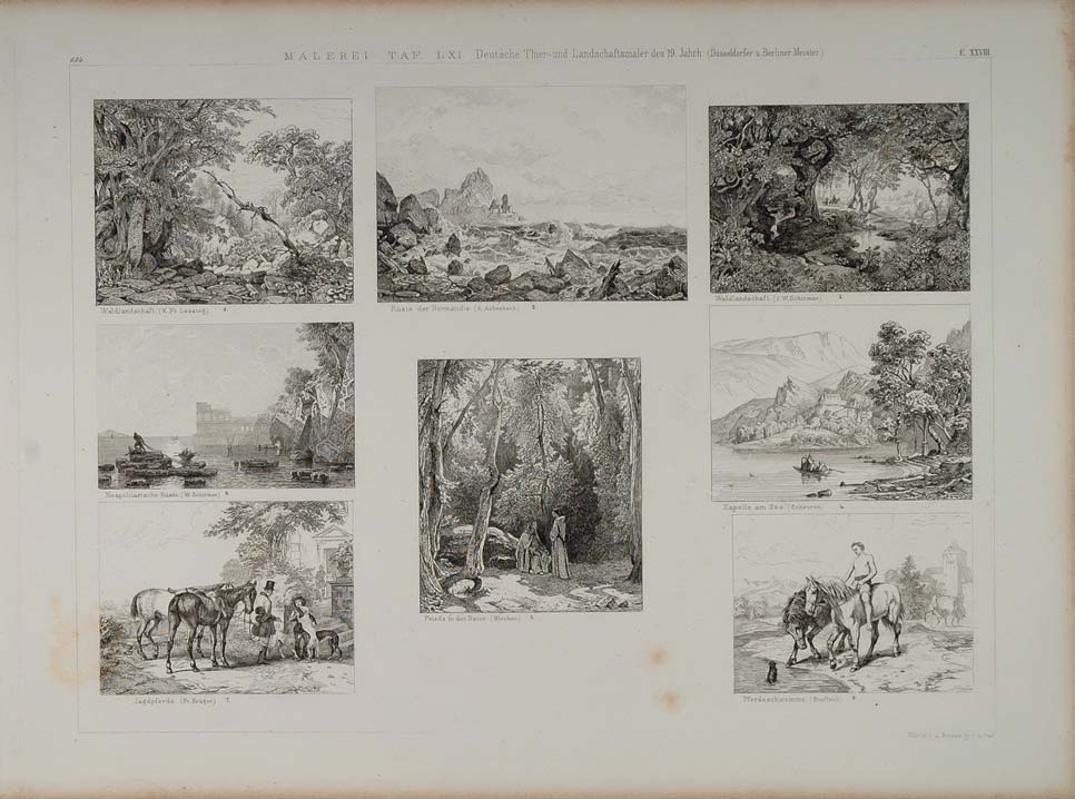 1870 ORIG Lithograph German Landscape Horse Forest Lake - ORIGINAL ARCH2