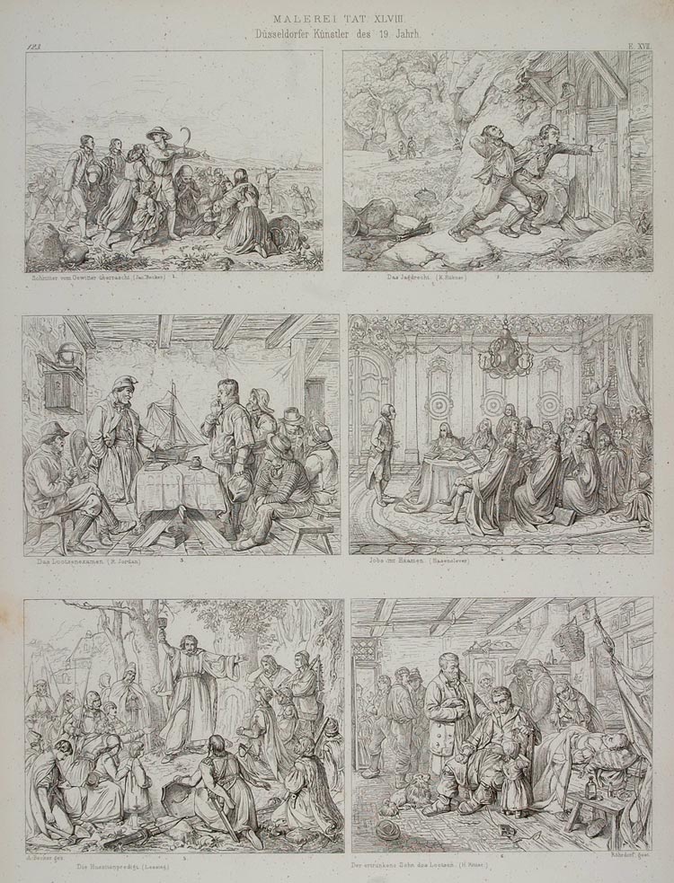 1870 Lithograph Germany Paintings Reapers Poachers Pilot Hussites Sermon ARCH3