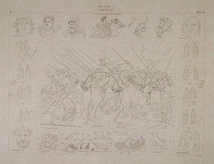 1870 Ancient Greek Mosaic Battle Tragic Mask Lithograph - ORIGINAL ARCH4