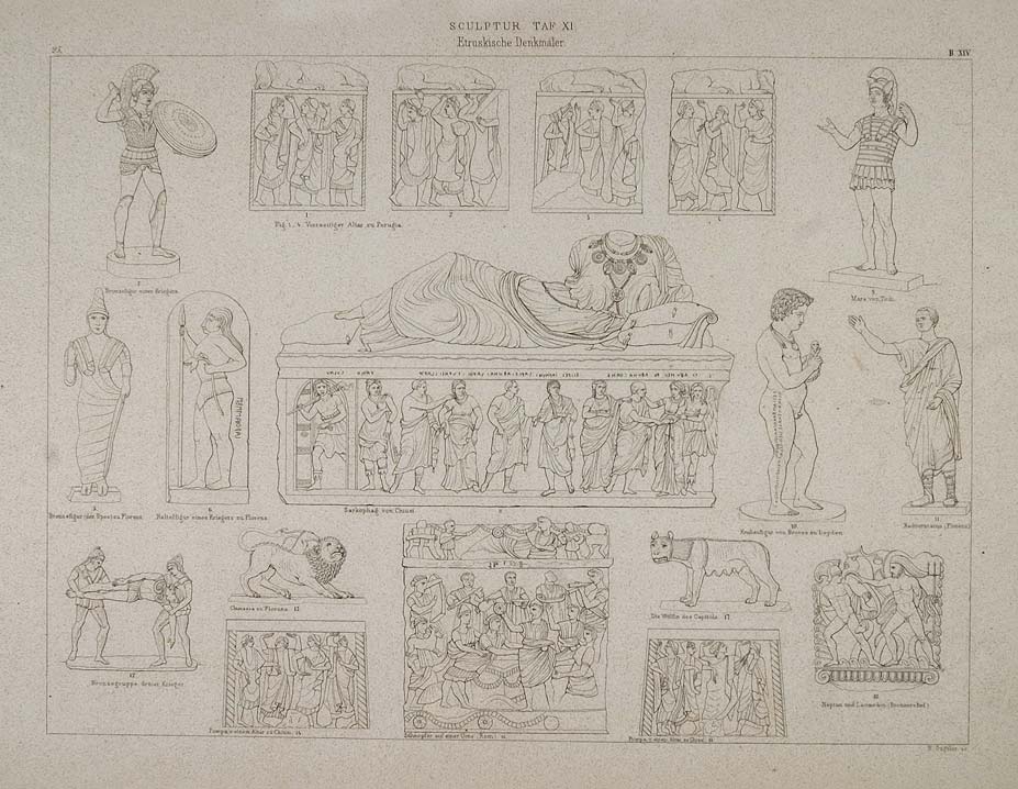 1870 Ancient Etruscan Sculptures Statues Lithograph - ORIGINAL ARCH4