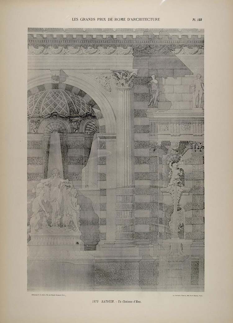 1902 Print Ratouin Architecture Chateau d'Eau Statues - ORIGINAL ARCH6