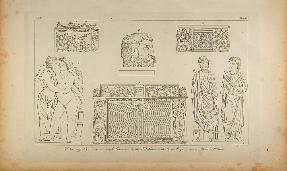 1845 Antique Engraving Burial Urn Catacomb Sculpture - ORIGINAL ARCH8