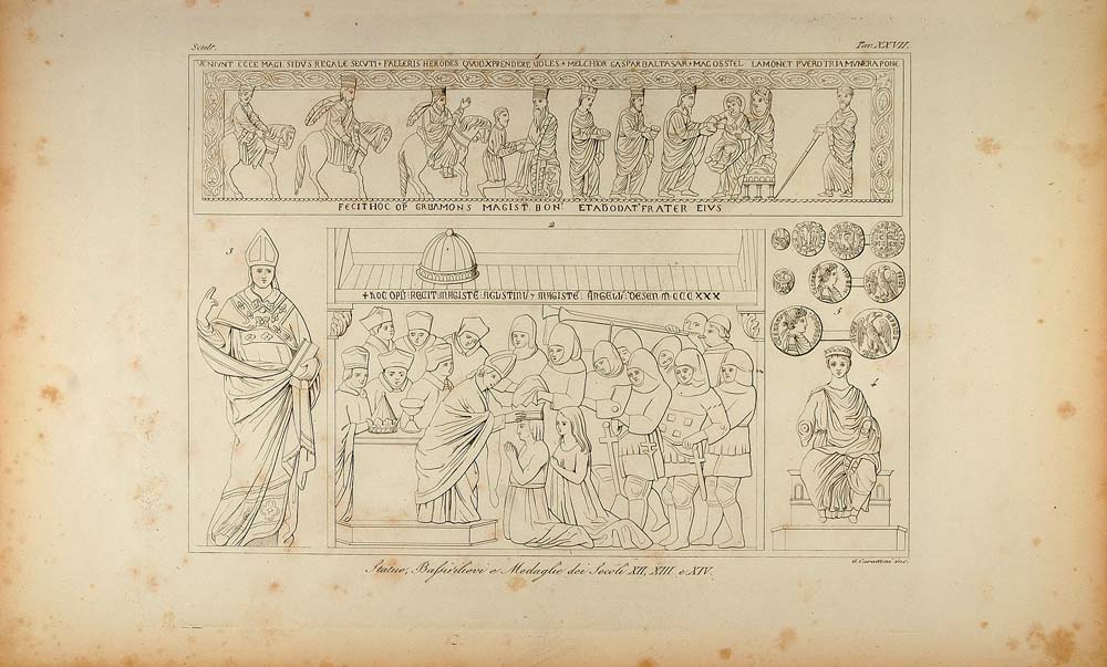 1845 Engraving Religious Bas Relief Medals Statues - ORIGINAL ARCH8