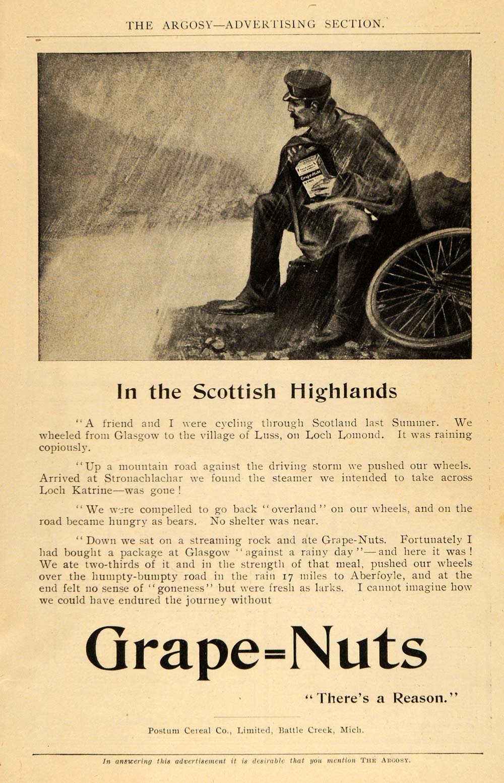 1908 Ad Postum Breakfast Cereal Grape Nuts Scottish Bike Cyclist Loch ARG1