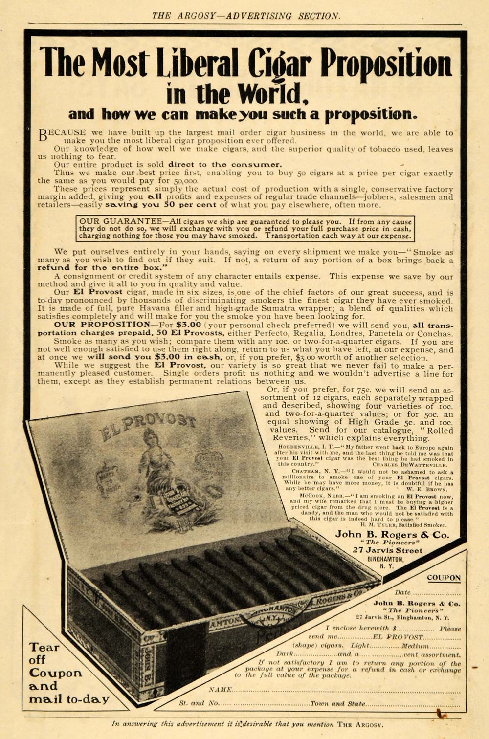 1904 Ad John B. Rogers El Provost Cigar Tobacco Box Smoking Pricing New ARG1