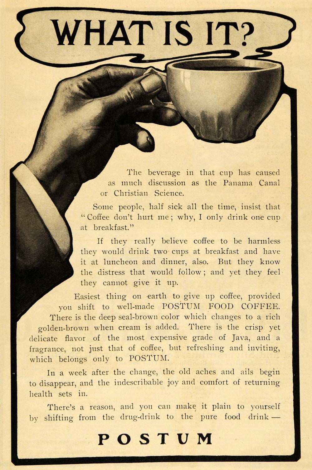 1903 Ad Postum Cereal Caffeine Free Beverage Coffee Cup Battle Creek ARG1