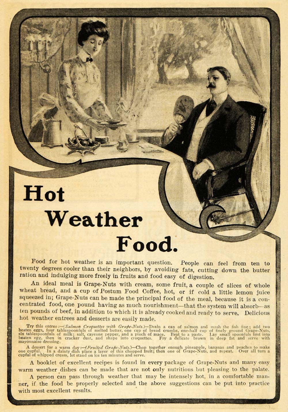 1902 Ad Postum Cereal Grape Nuts Breakfast Summer Health Food Housewife ARG1