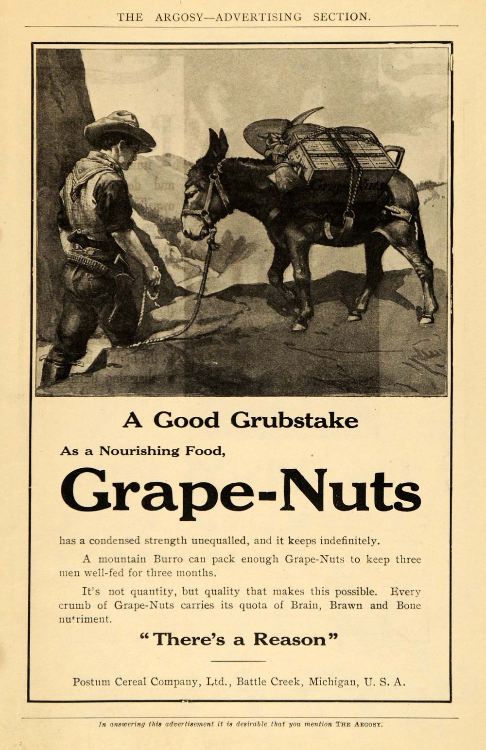 1910 Ad Postum Cereal Grape Nuts Breakfast Food Western Cowboy Pack Mule ARG1