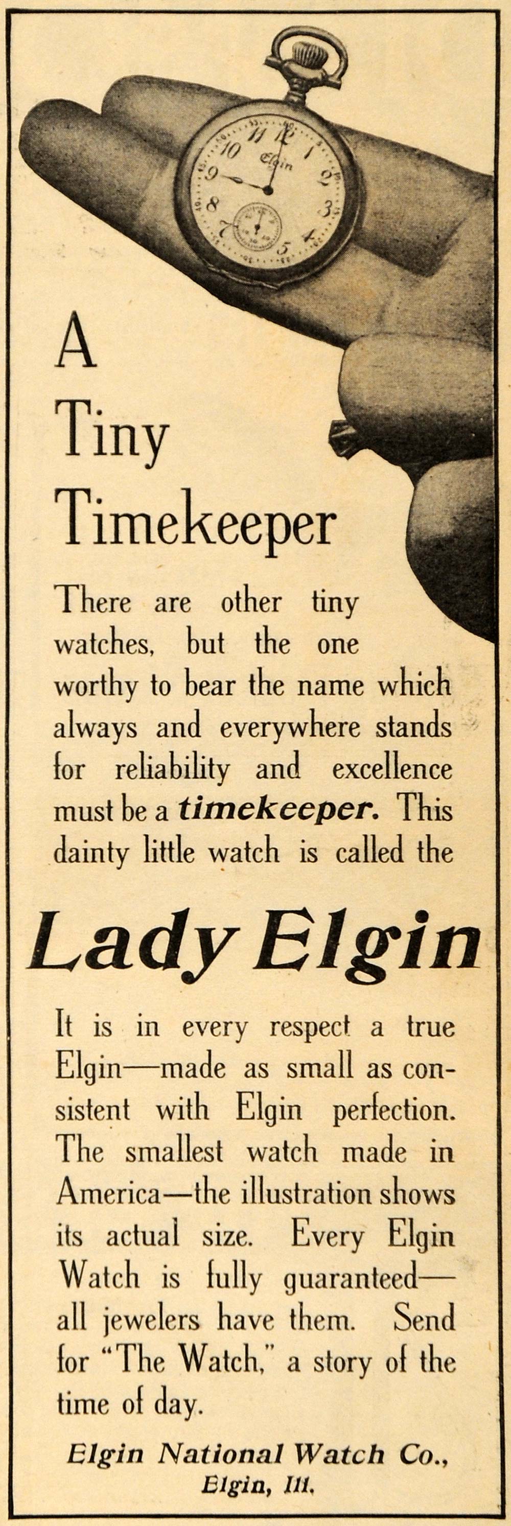 1908 Ad Tiny Timekeeper Elgin National Pocket Watch Timepiece Jeweler ARG1