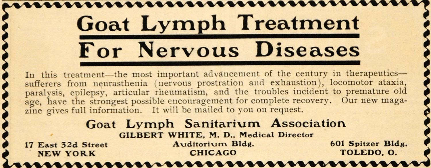 1904 Ad Goat Lymph Sanitarium Nervous Paralysis Epilepsy Cure Medical ARG1