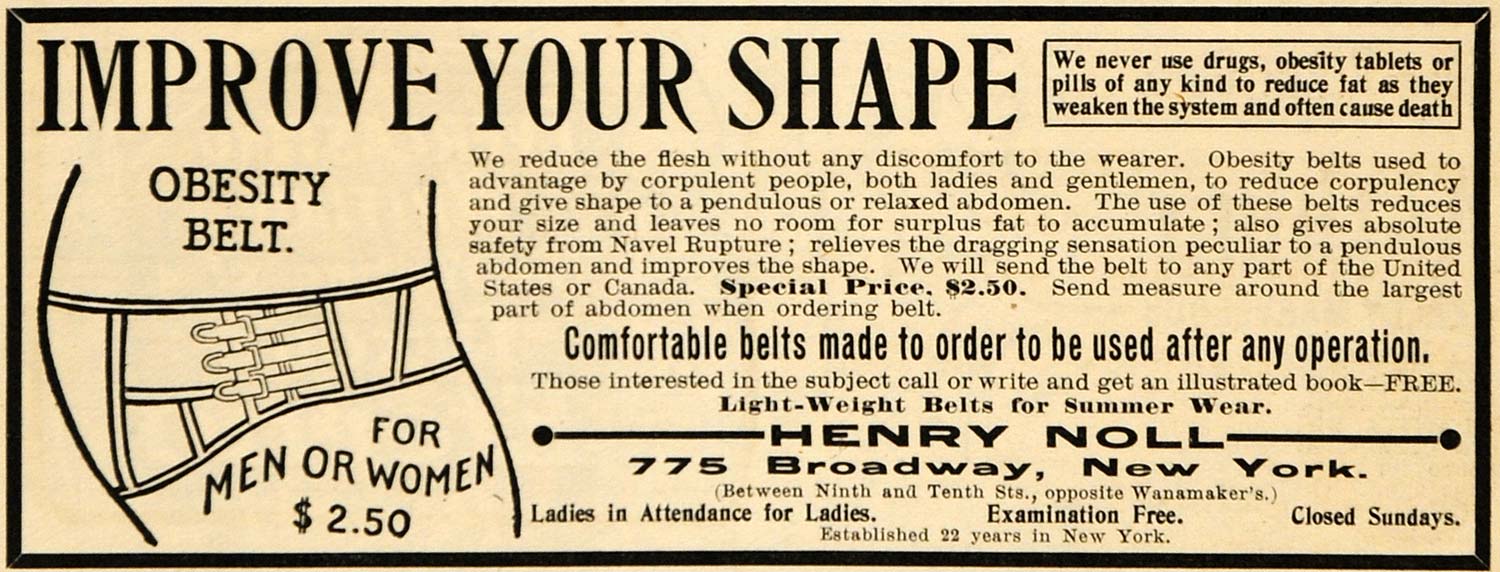1904 Ad Henry Noll Obesity Belt Fat Reducer Shape Medical Quackery ARG1