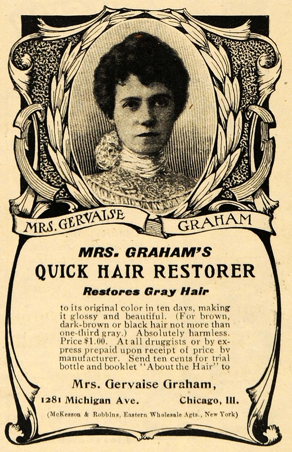 1904 Ad Mrs Gervaise Graham Portrait Quick Gray Hair Care Restorer Chicago ARG1