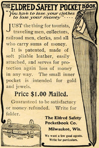 1903 Ad Eldred Safety Pocketbook Inner Cloth Pocket Wallet Security ARG1