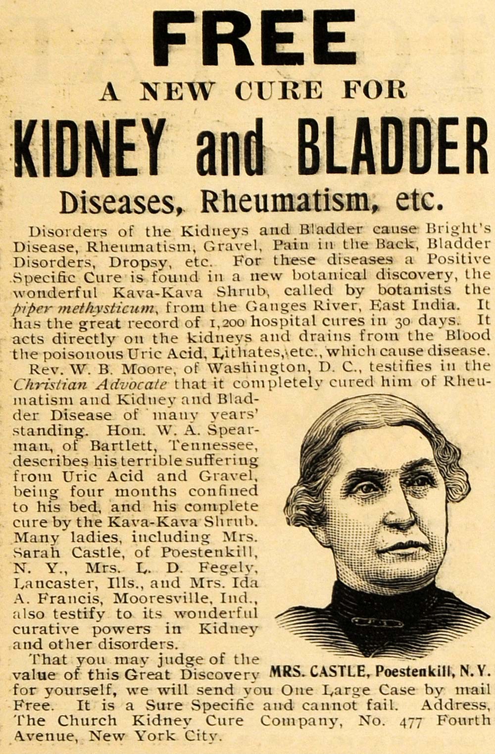 1903 Ad Church Kidney Cure Bladder Diseases Medical Quackery Rheumatism ARG1