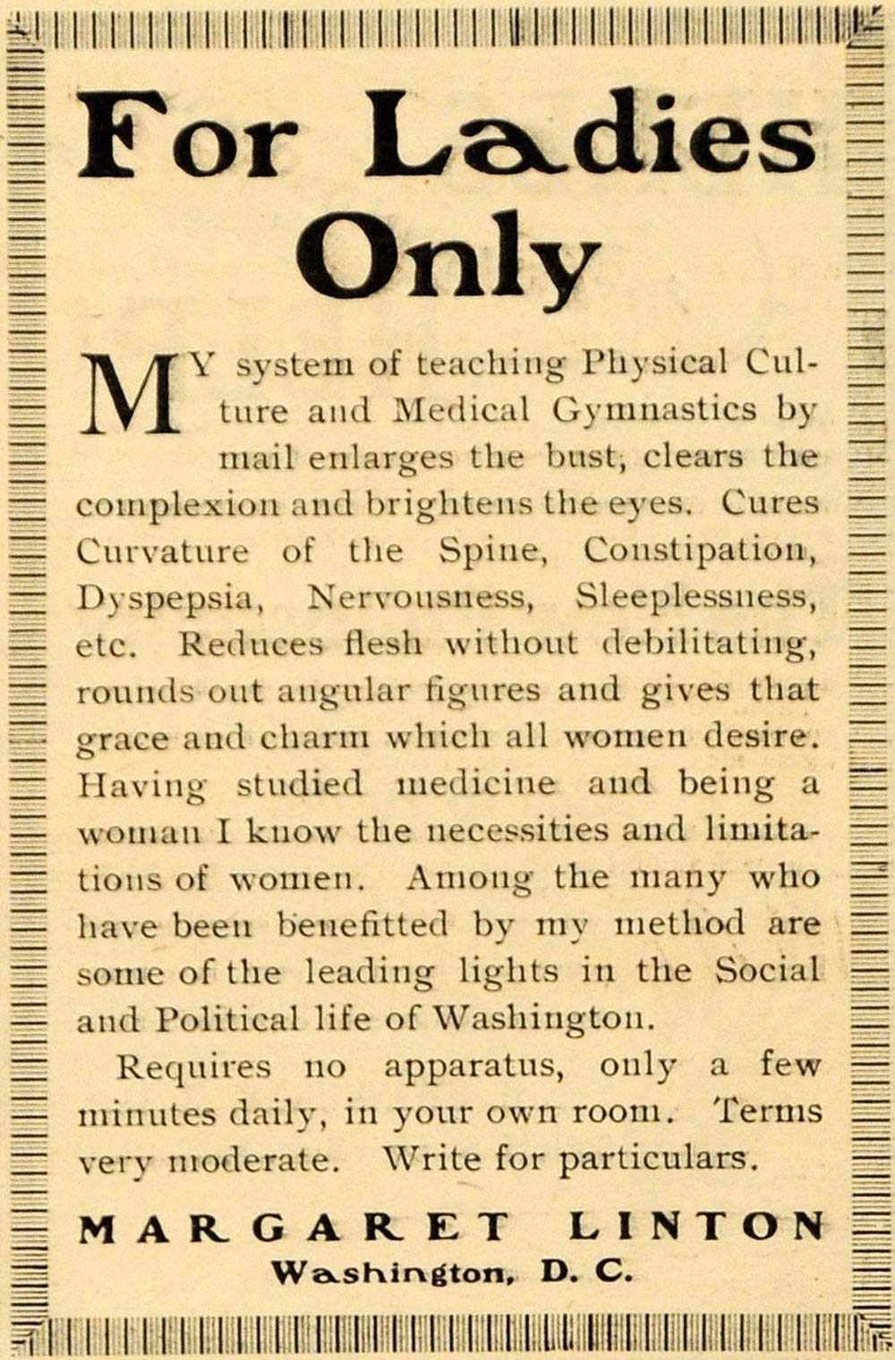 1903 Ad Margaret Linton Physical Culture & Gymnastics - ORIGINAL ARG1
