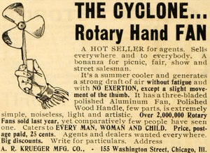 1902 Ad A R Krueger Mfg Co Cyclone Rotary Hand Fan - ORIGINAL ADVERTISING ARG1