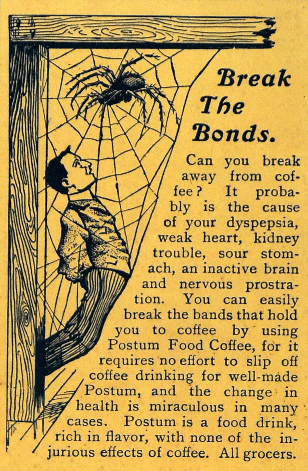 1902 Ad Postum Cereal Caffeine-Free Men Trap Spider Web - ORIGINAL ARG1
