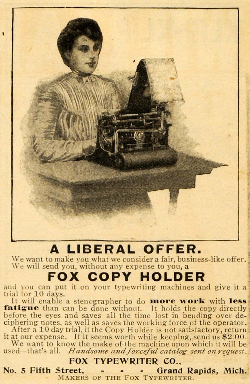 1902 Ad Fox Typewriter Co. Writing Machine Grand Rapids - ORIGINAL ARG1