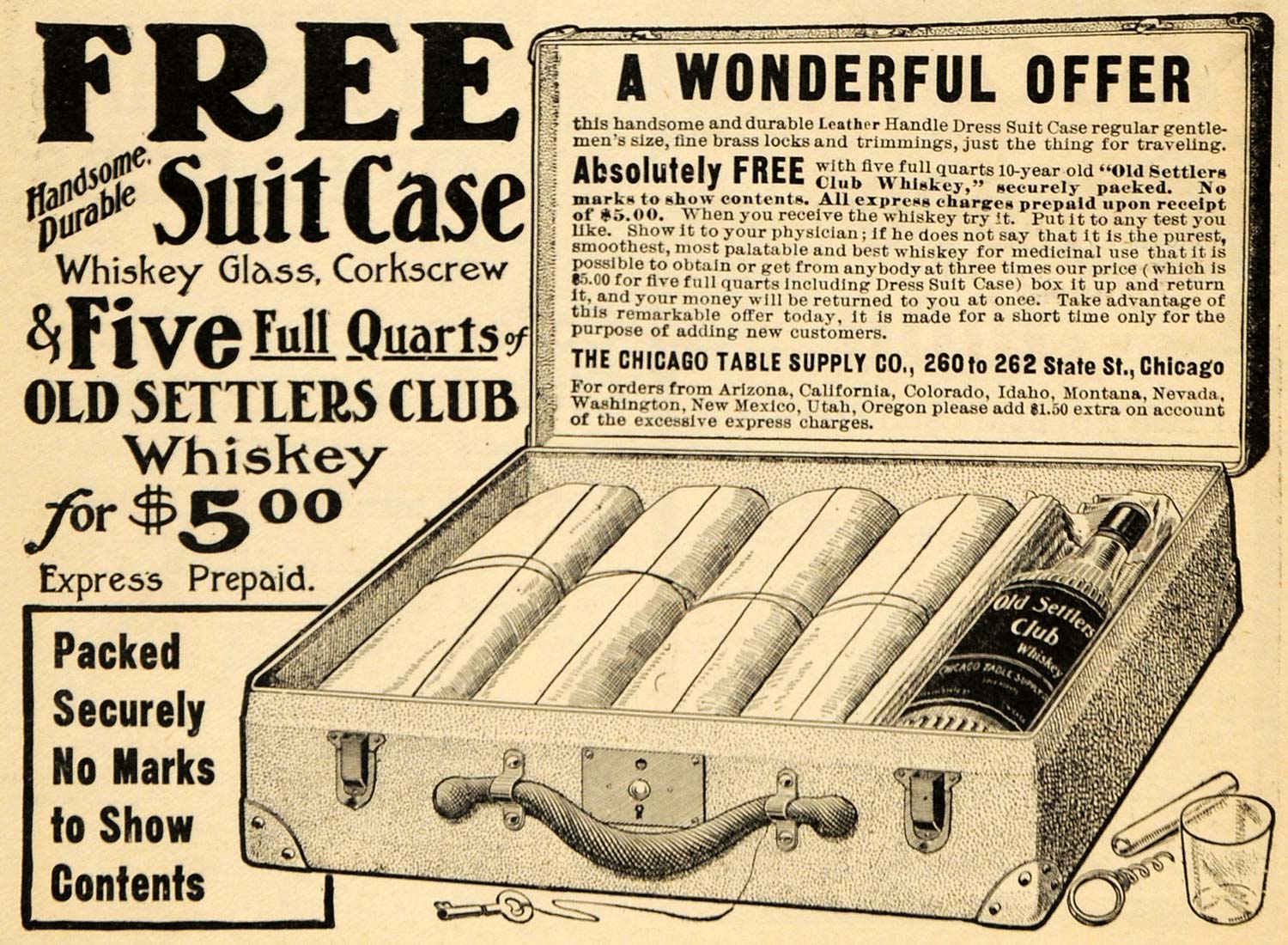 1905 Ad Chicago Table Supply Co. Suitcase Old Whiskey - ORIGINAL ARG1