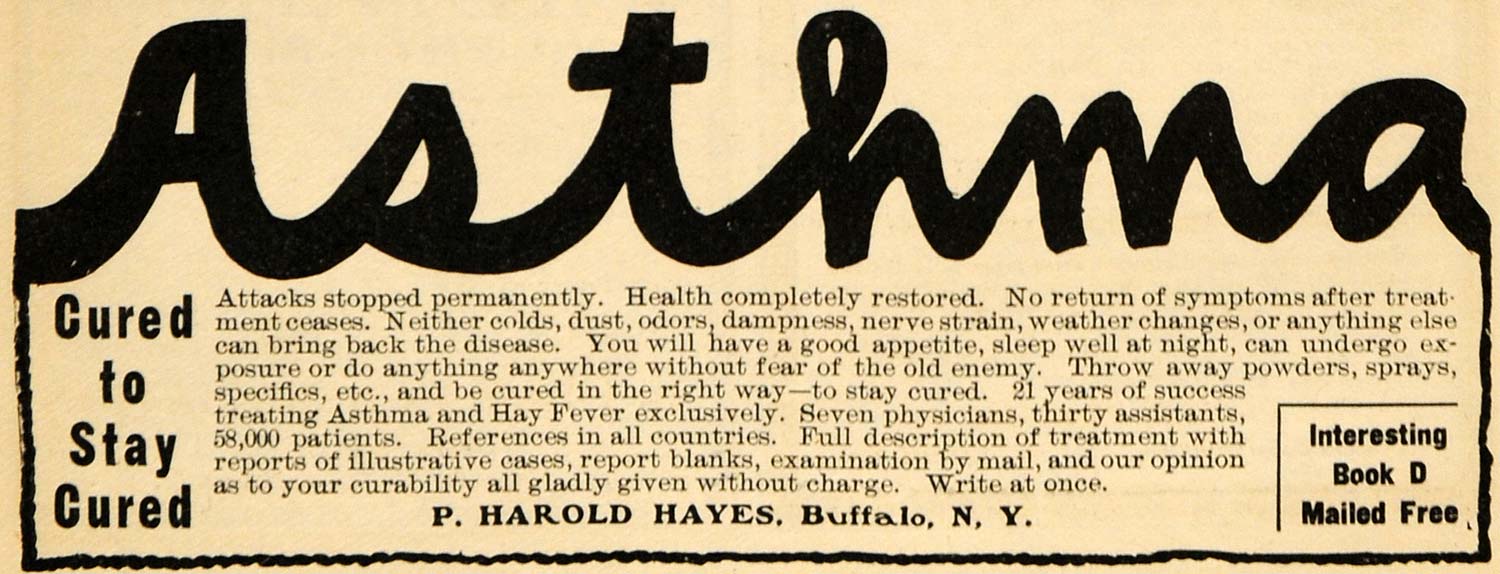 1905 Ad P Harold Hayes Asthma Treatment Buffalo NY - ORIGINAL ADVERTISING ARG1