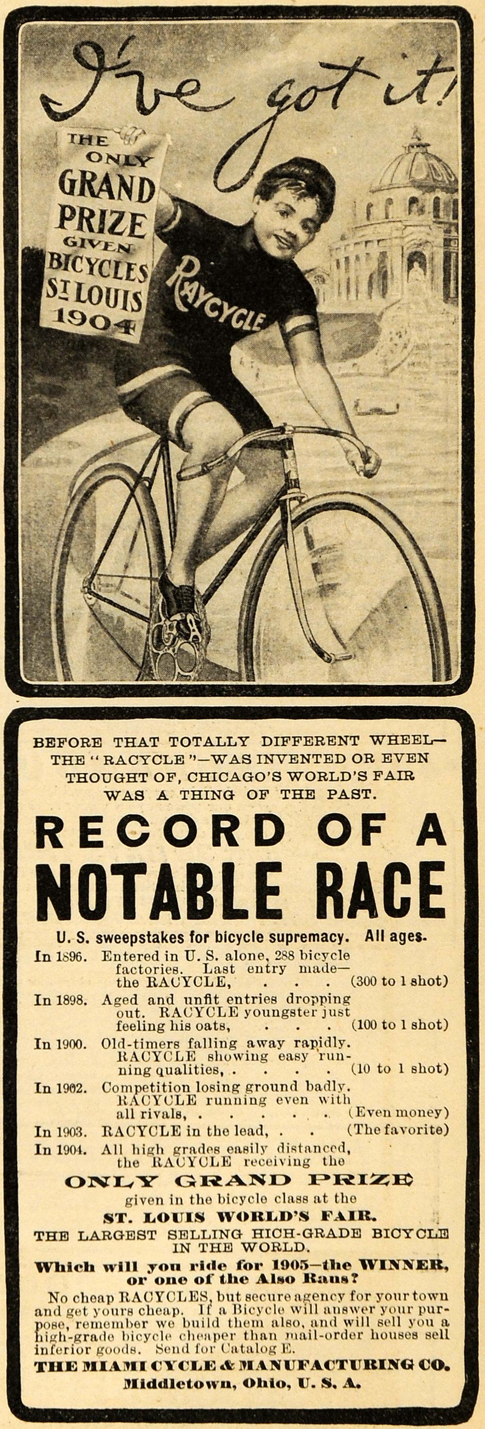 1905 Ad Miami Cycle & Manufacturing Co. Bicycle Race - ORIGINAL ADVERTISING ARG1