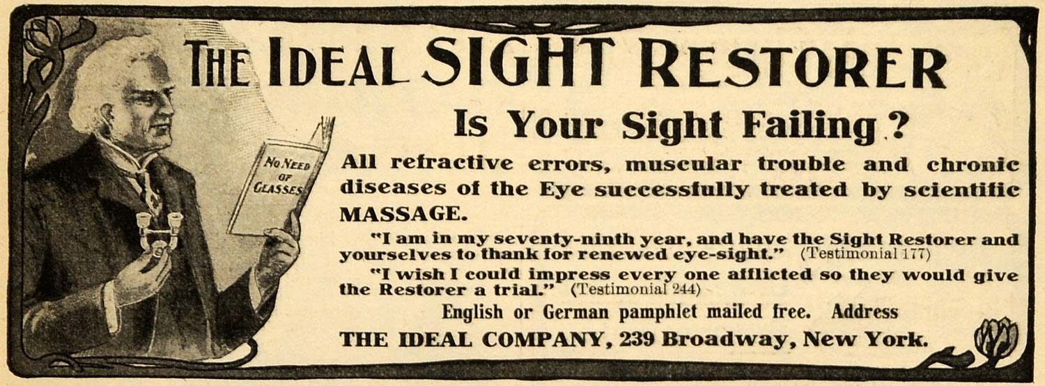 1906 Ad Ideal Co. Sight Restorer Eye Disorders NY - ORIGINAL ADVERTISING ARG1