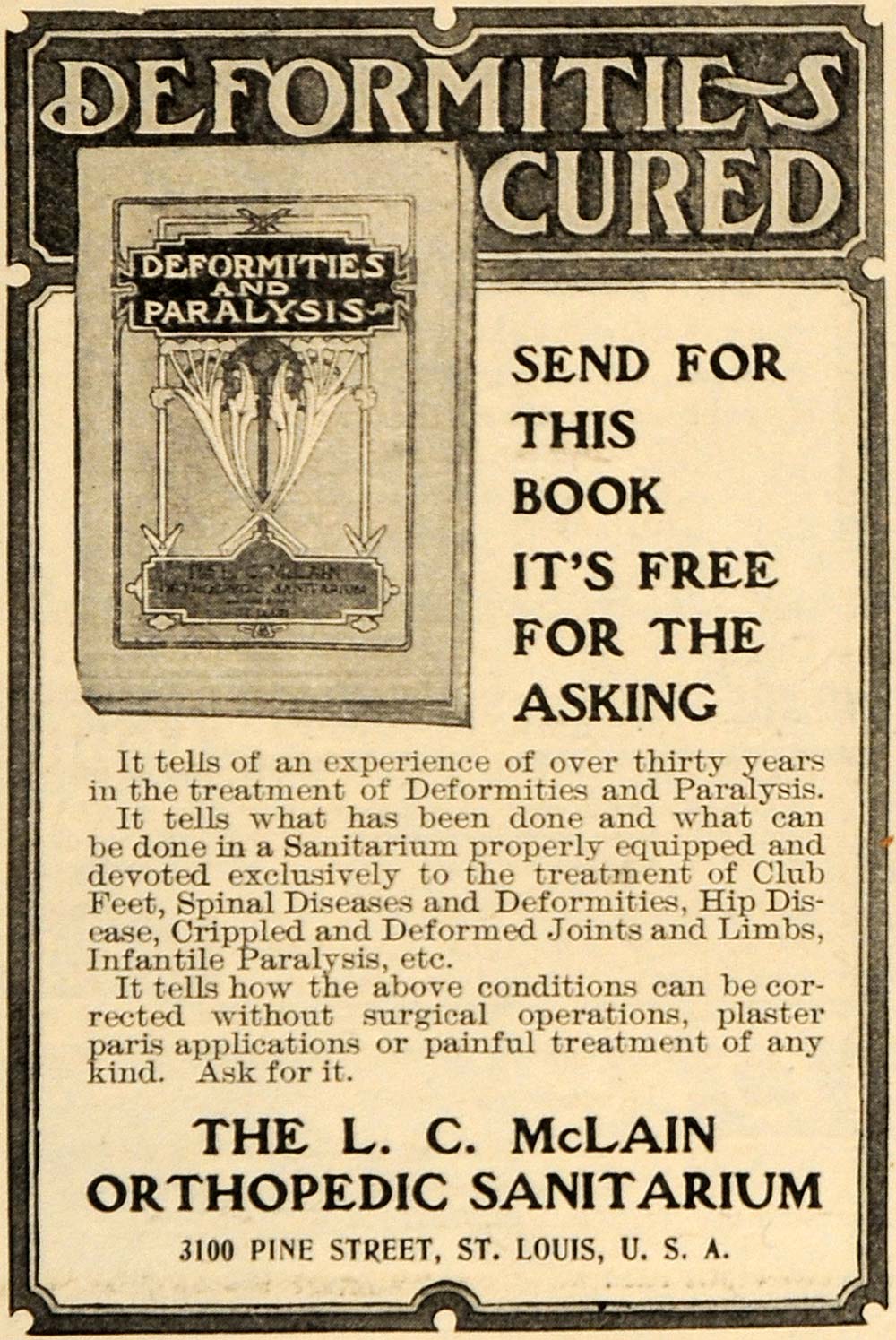 1906 Ad L C McLain Orthopedic Sanitarium Paralysis - ORIGINAL ADVERTISING ARG1