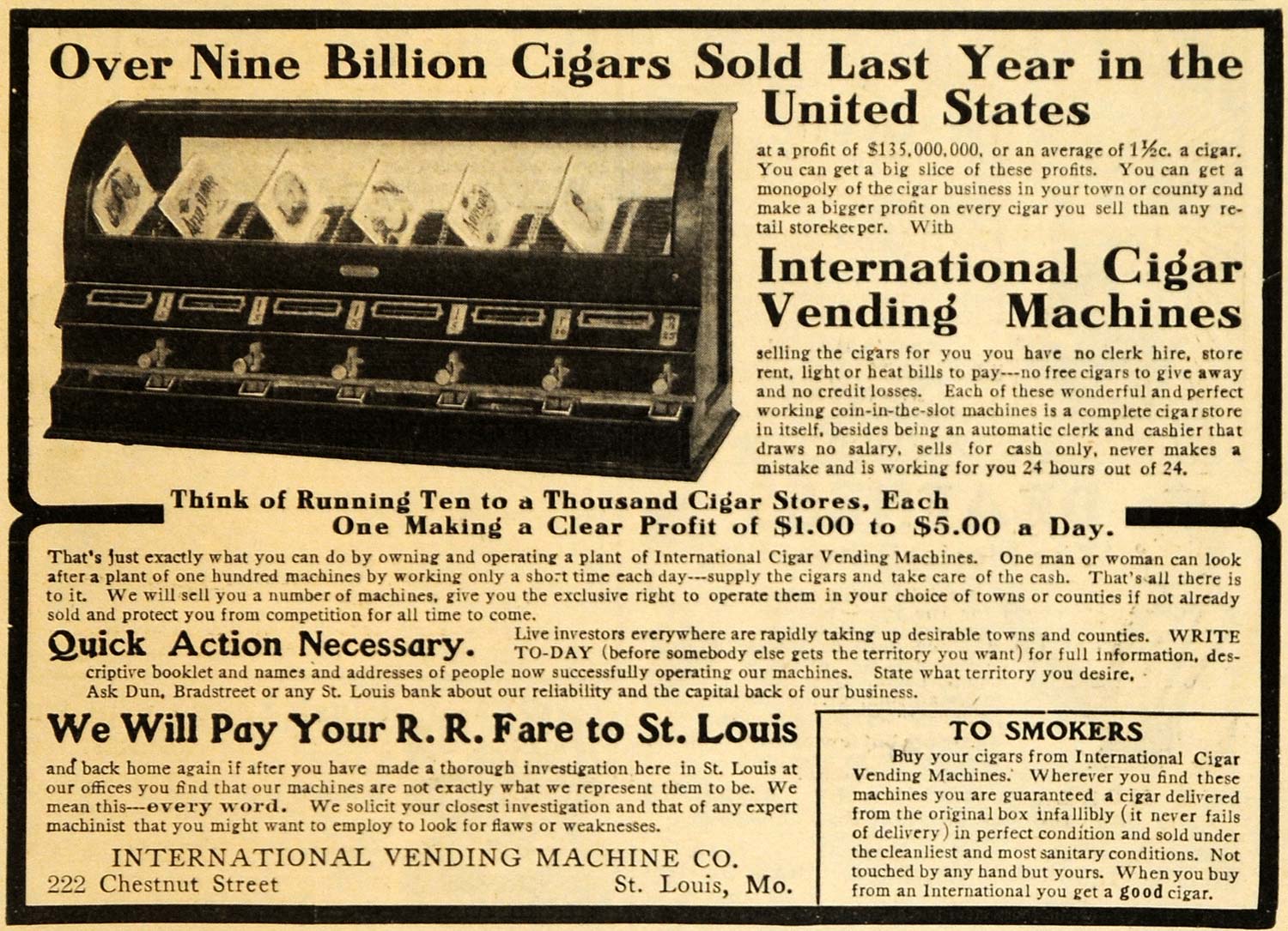 1909 Ad Vending Machine Cigar Smoking Tobacco St Louis - ORIGINAL ARG1