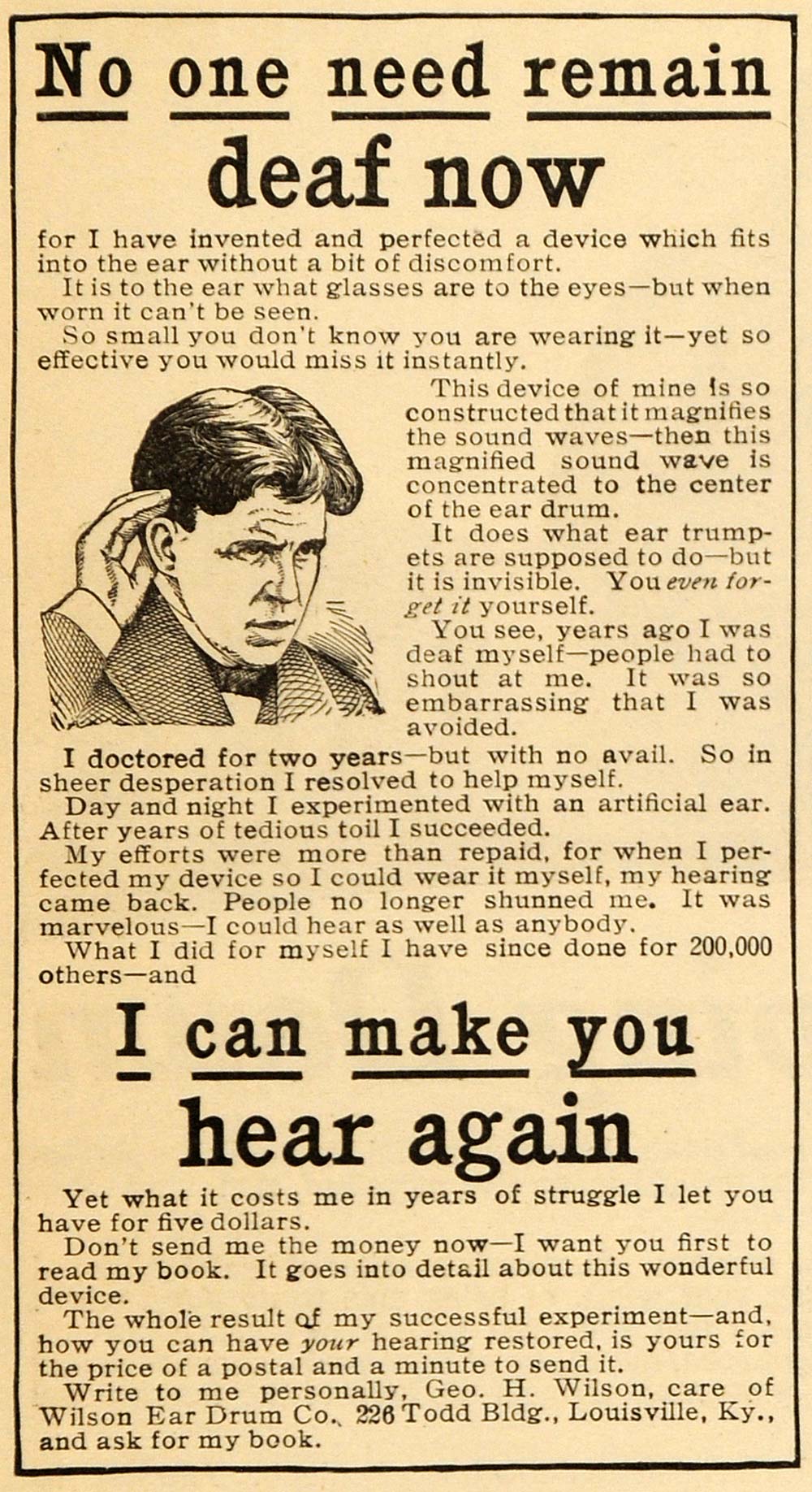 1909 Ad Wilson Ear Drum Deafness Deaf Health Louisville - ORIGINAL ARG1