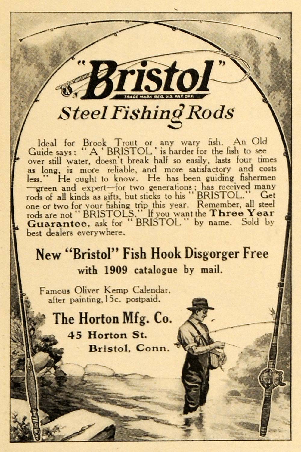 1909 Ad Bristol Steel Fishing Rods Fish Hook Horton - ORIGINAL ADVERTISING ARG1