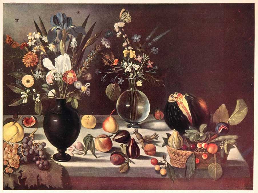 1952 Art Print Still Life Flower Fruit After Caravaggio - ORIGINAL ART2