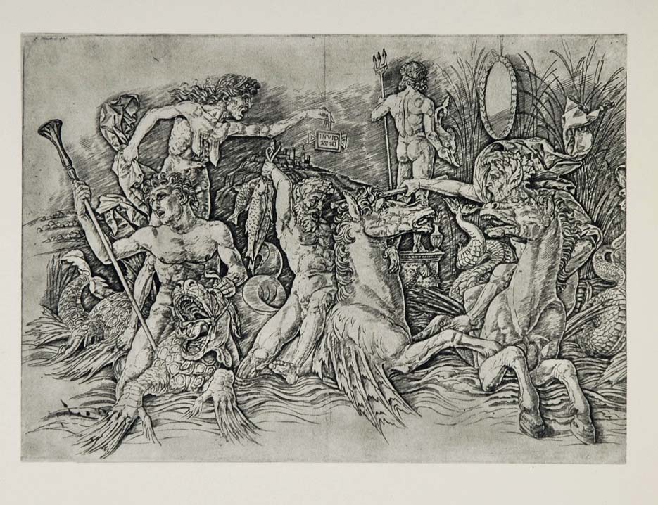1967 Art Print Battle Sea God Andrea Mantegna Engraving ORIGINAL HISTORIC ART4