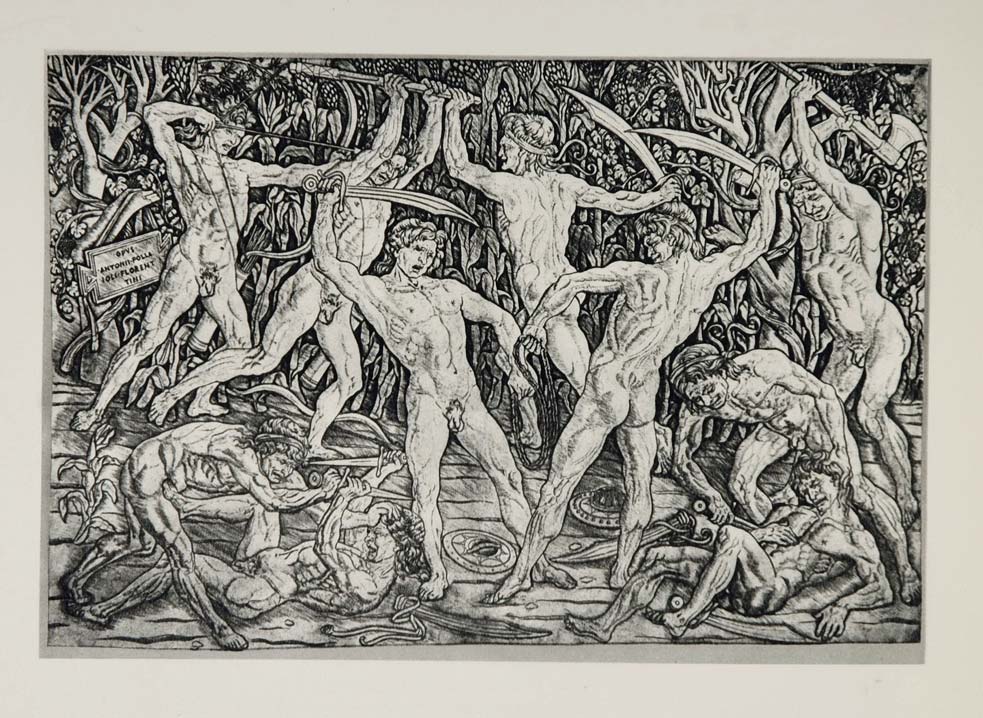 1967 Print Battle Nude Men Swords Pollaiuolo Engraving ORIGINAL HISTORIC ART4