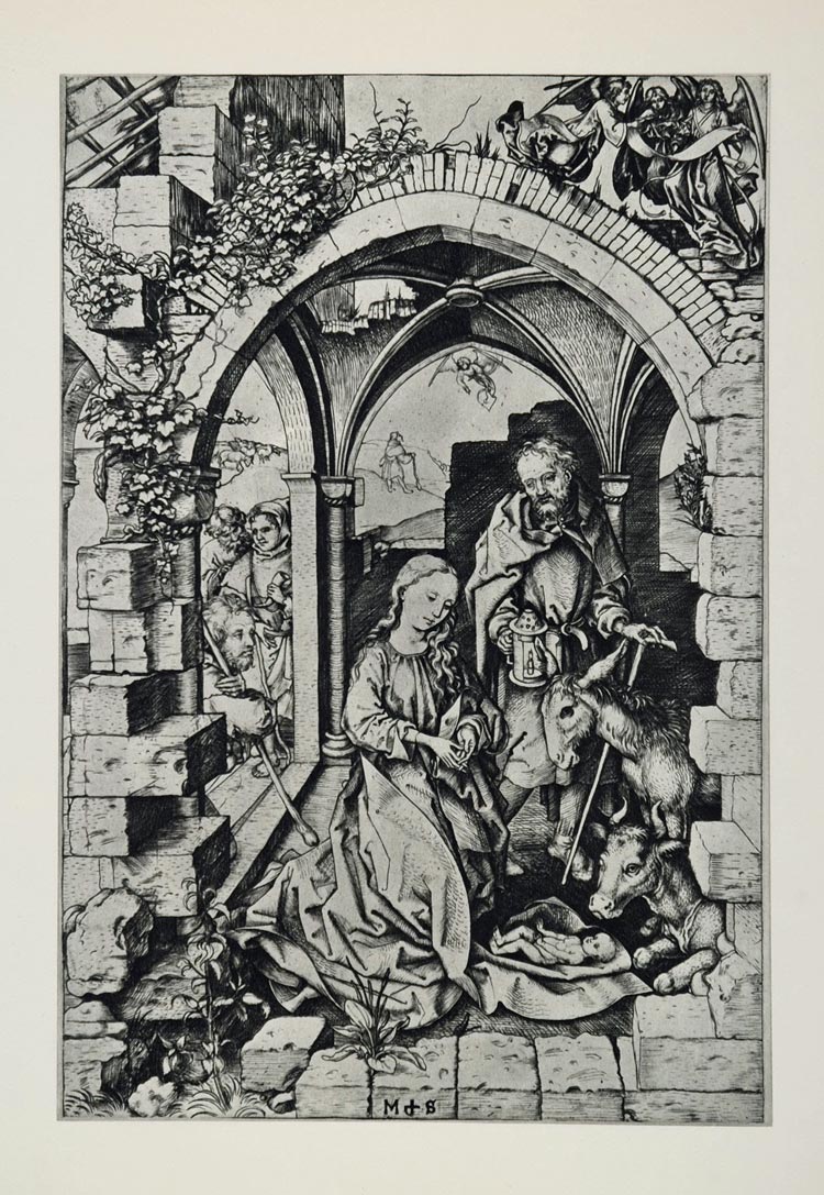 1967 Print Nativity Mary Jesus Joseph Martin Schongauer ORIGINAL HISTORIC ART4