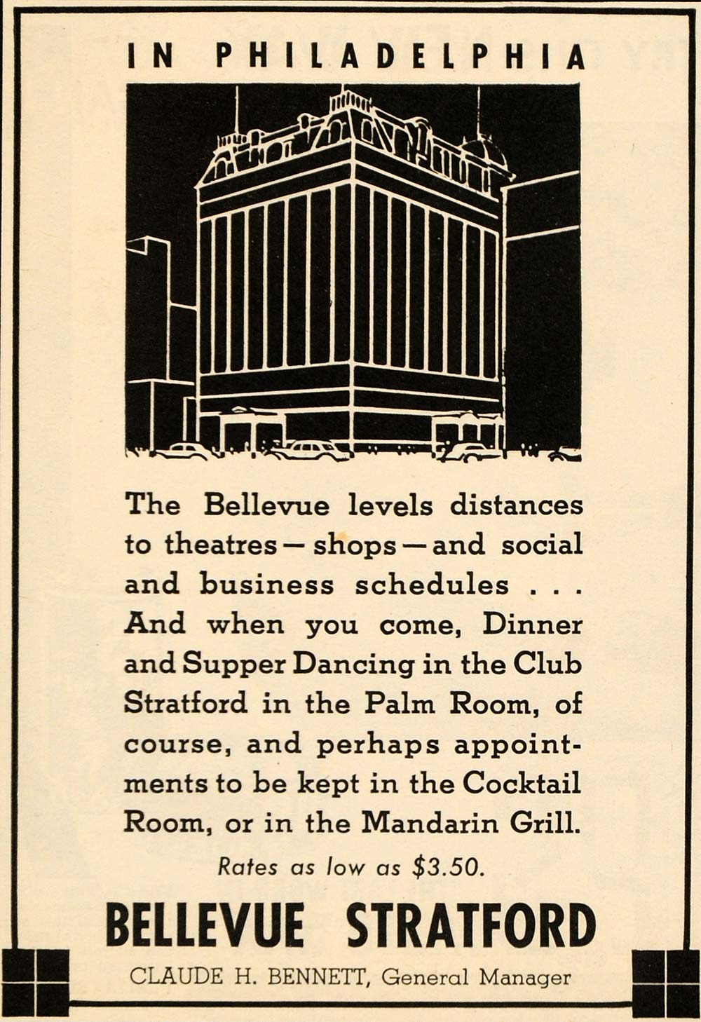 1935 Ad Bellevue Stratford Hotel Bennett Philadelphia - ORIGINAL ATJ1