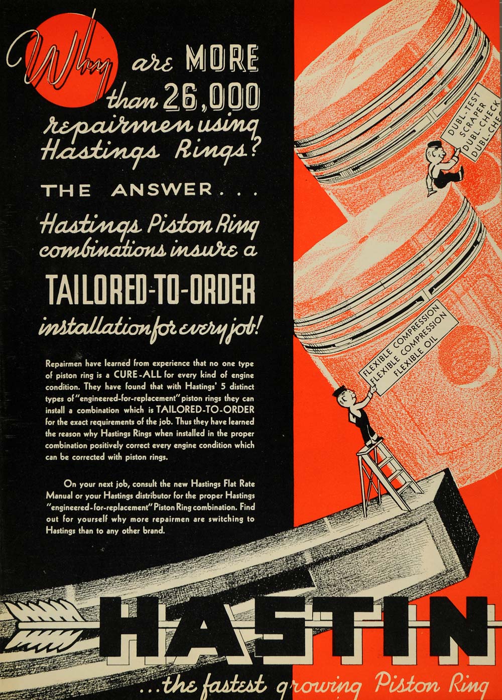 1935 Ad Hastings Piston Rings Repairmen Car Cure All - ORIGINAL ADVERTISING ATJ1