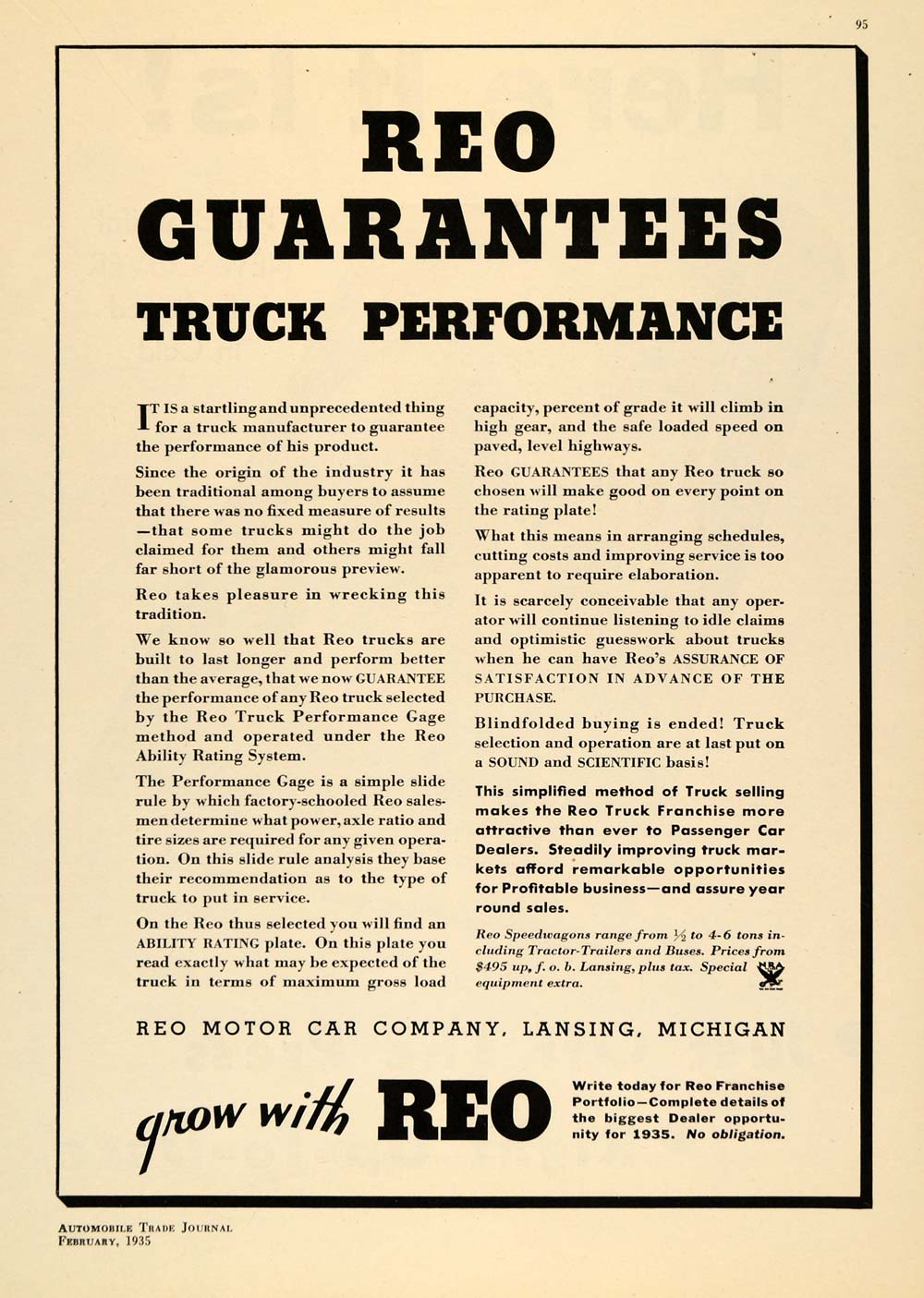 1935 Ad REO Motor Car Company Lansing Truck Performance - ORIGINAL ATJ1